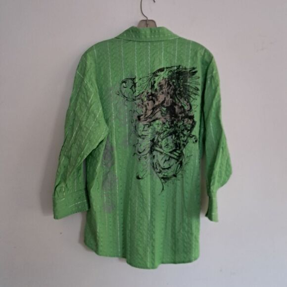 MZ.U.S.A. Shirt Men's Large L Green Graphic Print Button Up Abstract Embroidered - Picture 5 of 9